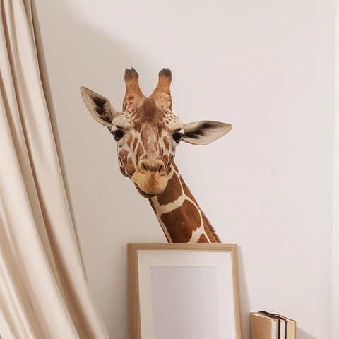 Sticker Mural Tête de Girafe Réaliste PVC Décalcomanie Animale Amovible pour Salon Chambre d'Enfant Décoration Murale