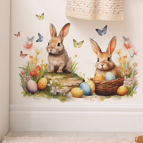 Easter Bunny Egg Wall Sticker Watercolor Rabbit Butterfly Flower PVC Decal For Kids Room Bedroom Home Decor Art