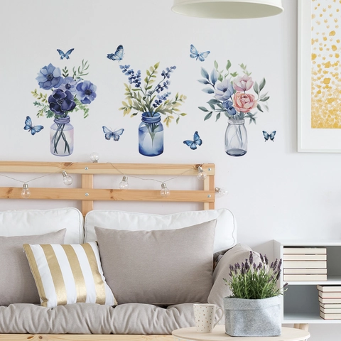 Pegatinas de Pared de Jarrón de Flores de Acuarela y Mariposas Romántico PVC Removible Mural de Arte Para Sala de Estar