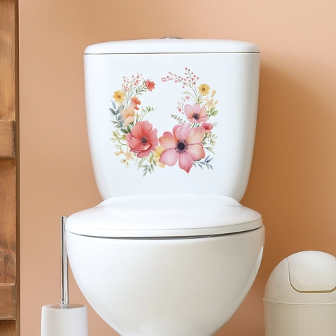 Aquarell Rosa Blume Blatt Toilettendeckel Aufkleber Wasserdicht PVC Dekor Für Badezimmer Toilette Künstlerisch Wandtattoo