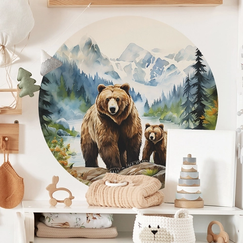 Watercolor Brown Bear Forest Snow Mountain Round Wall Sticker PVC Nursery Decal For Kids Room Kindergarten Background Decor