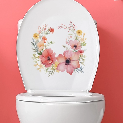 Aquarell Rosa Blume Blatt Toilettendeckel Aufkleber Wasserdicht PVC Dekor Für Badezimmer Toilette Künstlerisch Wandtattoo