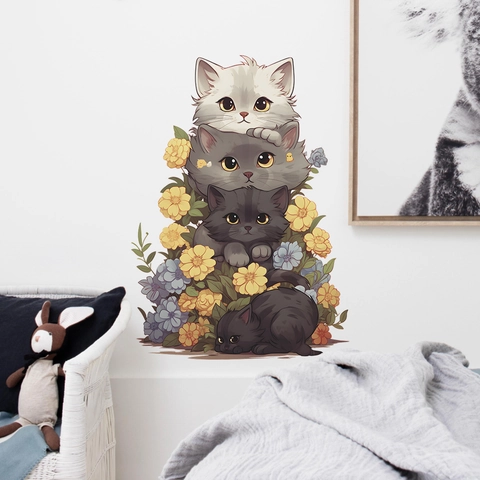 Pegatinas de Pared de Gatos Apilados PVC Floral Animales Calcomanías para Habitación Infantil Decoración de Pared
