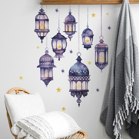 Pegatinas de Pared de Linterna de Ramadán Púrpura Acuarela Estrella Luna Decorativas PVC Calcomanías para Sala de Estar Hogar