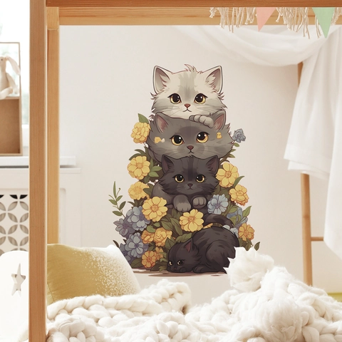 Pegatinas de Pared de Gatos Apilados PVC Floral Animales Calcomanías para Habitación Infantil Decoración de Pared