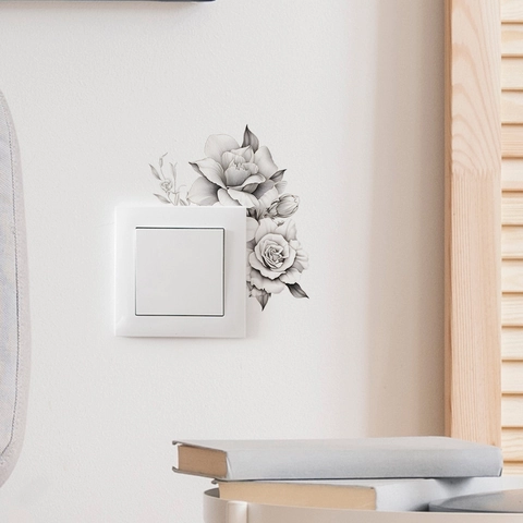 Adesivo per Interruttore Rosa Schizzo Bianco Nero PVC Decalcomania da Parete per Soggiorno Camera da Letto Arredamento