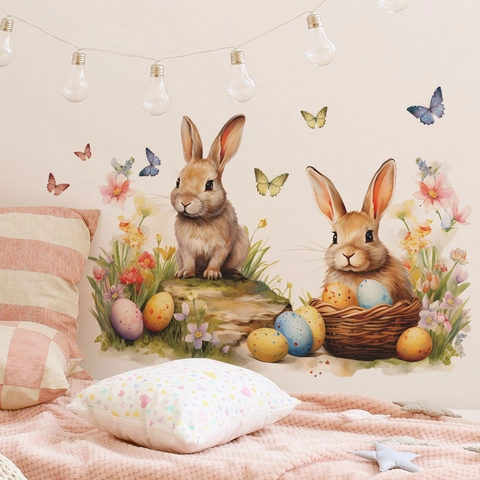 Easter Bunny Egg Wall Sticker Watercolor Rabbit Butterfly Flower PVC Decal For Kids Room Bedroom Home Decor Art