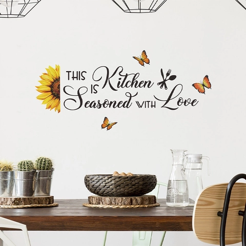 Sunflower Butterfly Kitchen Wall Sticker This Kitchen Is Seasoned With Love Quote Quote PVC DIY Art Mural For Home Decor