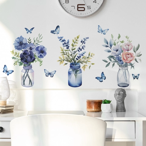 Pegatinas de Pared de Jarrón de Flores de Acuarela y Mariposas Romántico PVC Removible Mural de Arte Para Sala de Estar