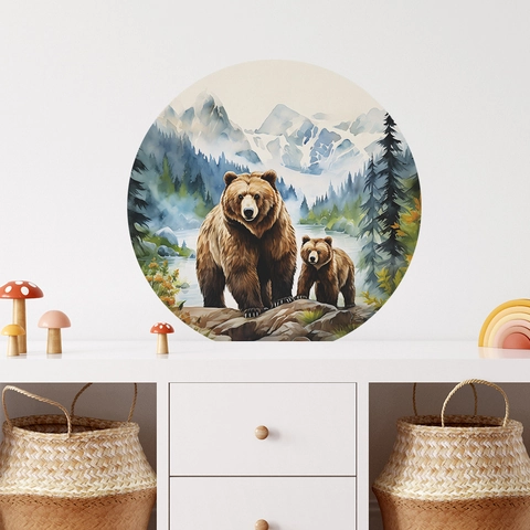 Watercolor Brown Bear Forest Snow Mountain Round Wall Sticker PVC Nursery Decal For Kids Room Kindergarten Background Decor
