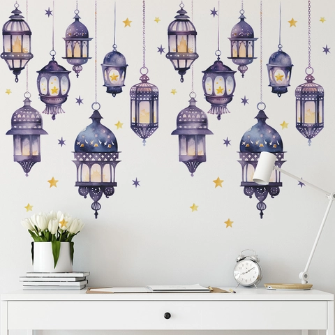 Pegatinas de Pared de Linterna de Ramadán Púrpura Acuarela Estrella Luna Decorativas PVC Calcomanías para Sala de Estar Hogar