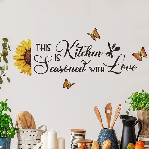 Sunflower Butterfly Kitchen Wall Sticker This Kitchen Is Seasoned With Love Quote Quote PVC DIY Art Mural For Home Decor