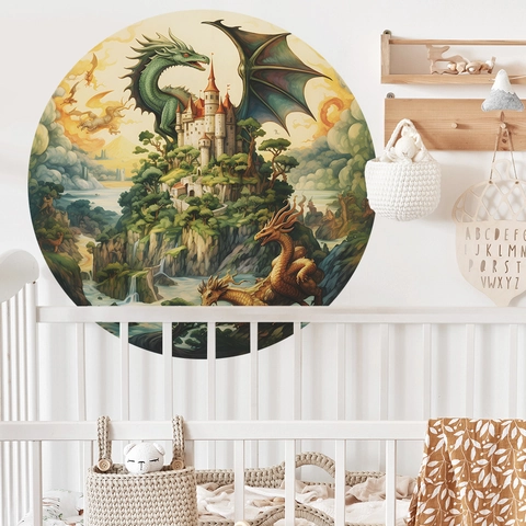 Fantasie Drache Und Schloss Runder Wandaufkleber PVC Selbstklebend Abnehmbares Wandbild Für Kinderzimmer Wohnkultur Wandkunst