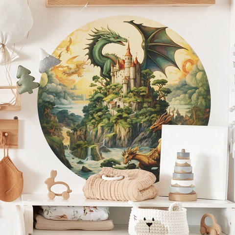 Fantasie Drache Und Schloss Runder Wandaufkleber PVC Selbstklebend Abnehmbares Wandbild Für Kinderzimmer Wohnkultur Wandkunst