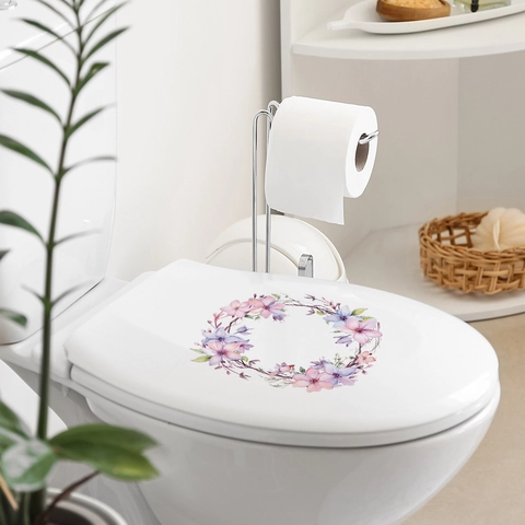 Pegatina para Inodoro Guirlanda de Flores y Hojas de Acuarela PVC Impermeable Decoración de Baño Calcomanía de Pared Floral