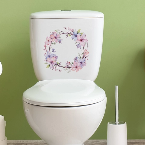 Pegatina para Inodoro Guirlanda de Flores y Hojas de Acuarela PVC Impermeable Decoración de Baño Calcomanía de Pared Floral