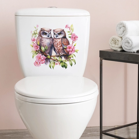 Adesivo per Coperchio del WC con Gufo e Fiori in Cartone Animato Decalcomania da Muro in PVC per Bagno Casa