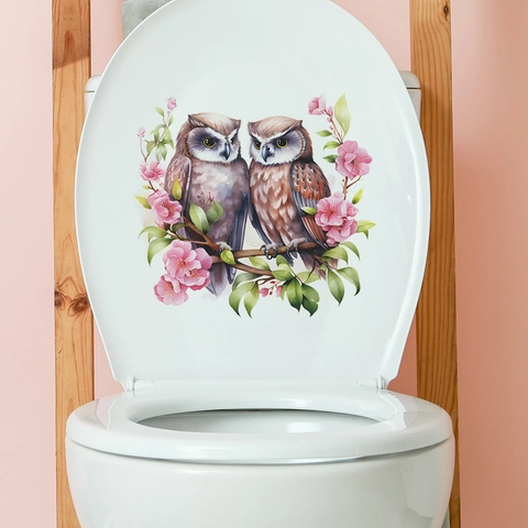 Adesivo per Coperchio del WC con Gufo e Fiori in Cartone Animato Decalcomania da Muro in PVC per Bagno Casa