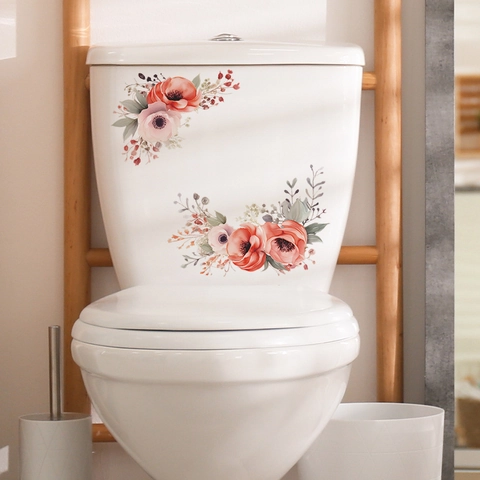 Adesivo per Gabinetto con Fiori e Foglie ad Acquerello in PVC Impermeabile Rimovibile Adesivo da Parete per Bagno Decorazione Casa