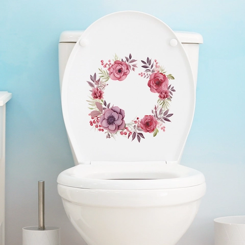 Aquarell Rose Blumenkranz Toilettenaufkleber Wasserdicht PVC Floral Wandtattoo Für Badezimmer Deckel Dekoration Haus Dekor