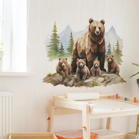 Adesivi Murali Famiglia di Orsi Bruni della Foresta ad Acquerello Animali Pini Montagne PVC Removibile Murale Decorazioni Casa