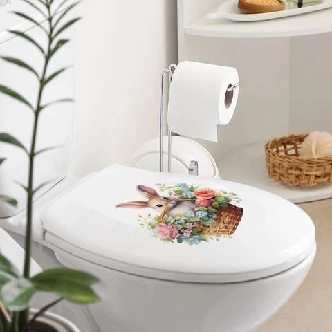 Niedlicher Hase Im Blumenkorb Toilettendeckel Aufkleber Wasserdicht PVC Floral Kaninchen Wandtattoo Für Badezimmer Osterdeko