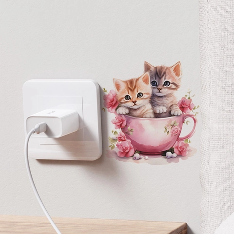 Cartoon Teetasse Katzen Und Rosen Blumen Schalter Wandaufkleber PVC Selbstklebend Deko Für Wohnzimmer Schlafzimmer Zuhause