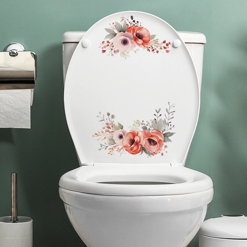 Adesivo per Gabinetto con Fiori e Foglie ad Acquerello in PVC Impermeabile Rimovibile Adesivo da Parete per Bagno Decorazione Casa