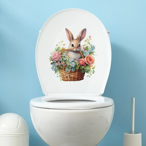 Niedlicher Hase Im Blumenkorb Toilettendeckel Aufkleber Wasserdicht PVC Floral Kaninchen Wandtattoo Für Badezimmer Osterdeko