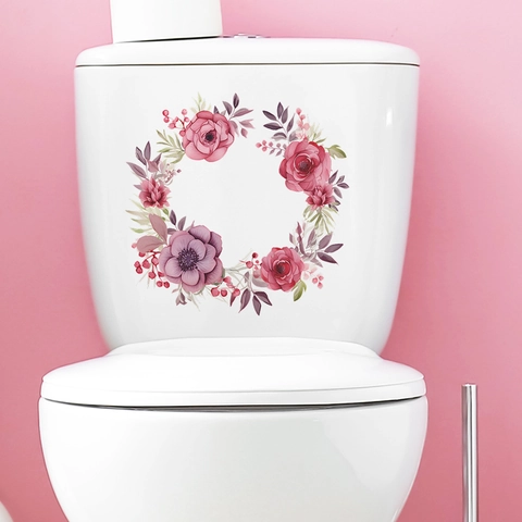 Aquarell Rose Blumenkranz Toilettenaufkleber Wasserdicht PVC Floral Wandtattoo Für Badezimmer Deckel Dekoration Haus Dekor