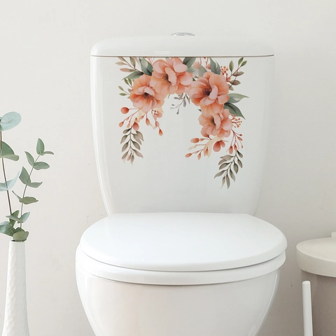 Autocollant de Toilette Floral Imperméable PVC Motif Fleurs et Feuilles Aquarelle Décoration de Couvercle de Siège de Salle de Bain