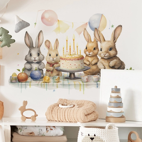 Cute Cartoon Bunny Birthday Cake Wall Sticker Watercolor Nursery Kids Bedroom Home Decor Removable PVC Decal Party Decoration