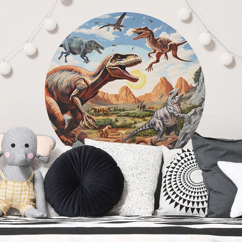 Round Dinosaur World Wall Sticker For Kids Room Prehistoric Landscape PVC Waterproof Decal Nursery Kindergarten Home Wall Decor