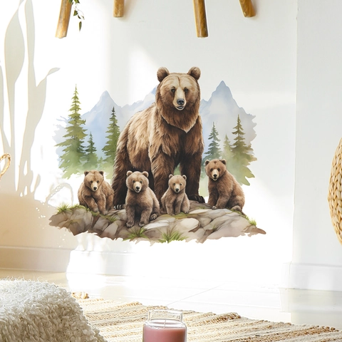 Adesivi Murali Famiglia di Orsi Bruni della Foresta ad Acquerello Animali Pini Montagne PVC Removibile Murale Decorazioni Casa