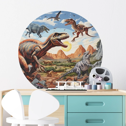 Round Dinosaur World Wall Sticker For Kids Room Prehistoric Landscape PVC Waterproof Decal Nursery Kindergarten Home Wall Decor