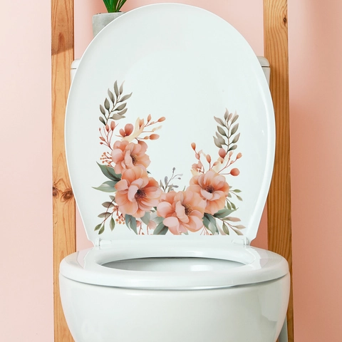 Autocollant de Toilette Floral Imperméable PVC Motif Fleurs et Feuilles Aquarelle Décoration de Couvercle de Siège de Salle de Bain
