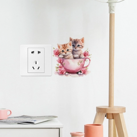 Cartoon Teetasse Katzen Und Rosen Blumen Schalter Wandaufkleber PVC Selbstklebend Deko Für Wohnzimmer Schlafzimmer Zuhause