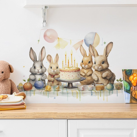 Cute Cartoon Bunny Birthday Cake Wall Sticker Watercolor Nursery Kids Bedroom Home Decor Removable PVC Decal Party Decoration