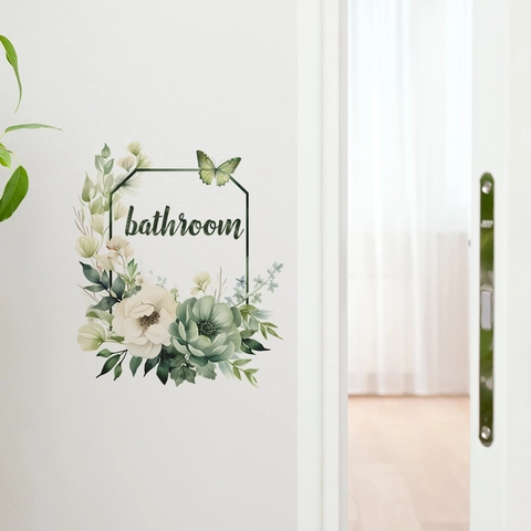Floral Bathroom Wall Sticker Waterproof PVC Flower Butterfly Door Decal Art Sign For Restroom Home Decor Modern Minimalist