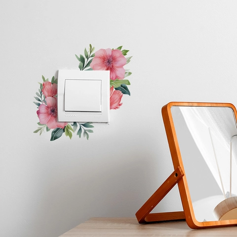 Rosa Blume Grünes Blatt Schalteraufkleber PVC Wasserdicht Wandtattoo Aquarell Botanisch Deko Für Wohnzimmer Schlafzimmer
