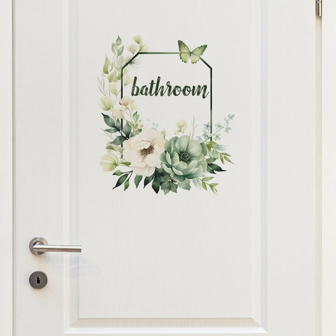 Floral Bathroom Wall Sticker Waterproof PVC Flower Butterfly Door Decal Art Sign For Restroom Home Decor Modern Minimalist