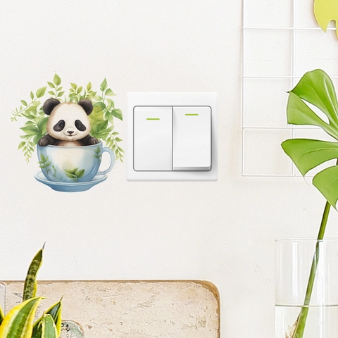 Kreative Panda In Teetasse Lichtschalter Wandtattoo Wasserdicht PVC Süße Tier Deko Aufkleber Für Schlafzimmer Wohnzimmer