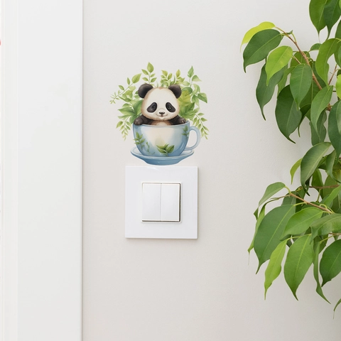 Kreative Panda In Teetasse Lichtschalter Wandtattoo Wasserdicht PVC Süße Tier Deko Aufkleber Für Schlafzimmer Wohnzimmer