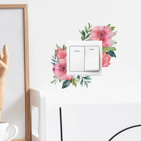 Rosa Blume Grünes Blatt Schalteraufkleber PVC Wasserdicht Wandtattoo Aquarell Botanisch Deko Für Wohnzimmer Schlafzimmer