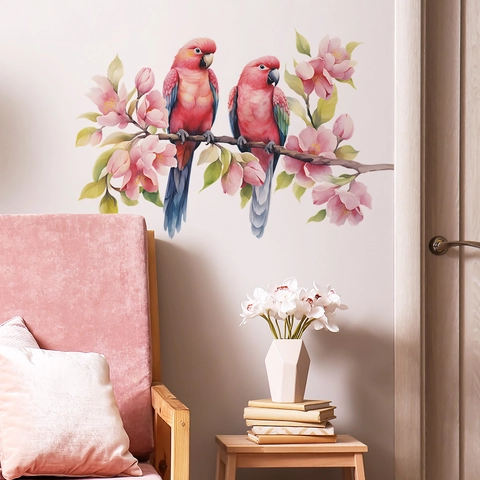 Sticker Mural Aquarelle Oiseaux Dessin Animé Branche d'Arbre PVC Fleurs Roses Mural Décoratif Auto-adhésif Pour Salon Chambre