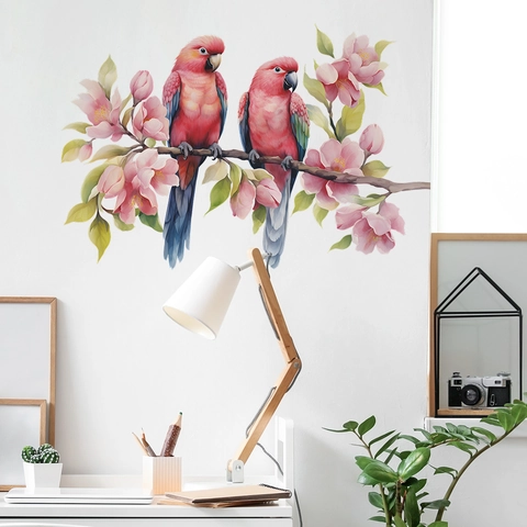 Sticker Mural Aquarelle Oiseaux Dessin Animé Branche d'Arbre PVC Fleurs Roses Mural Décoratif Auto-adhésif Pour Salon Chambre