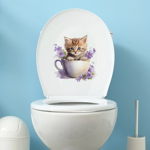 Cute Cartoon Cat In Tea Cup Purple Flower Toilet Sticker Waterproof PVC Removable Home Bathroom Lid Decor Wall Mural Decal