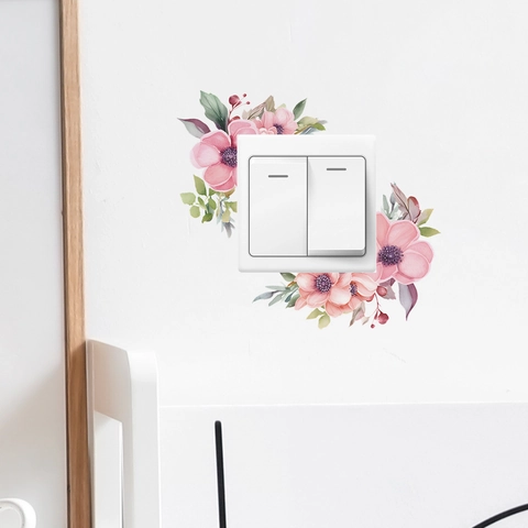 Aquarell Rosa Blume Grünes Blatt Lichtschalter-Aufkleber PVC Wasserdicht Wandtattoo Für Wohnzimmer Schlafzimmer Deko