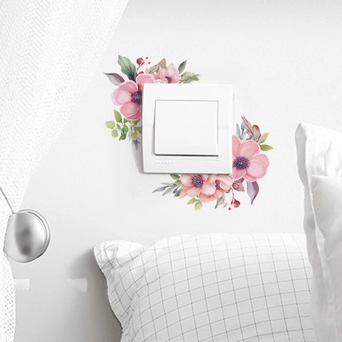 Aquarell Rosa Blume Grünes Blatt Lichtschalter-Aufkleber PVC Wasserdicht Wandtattoo Für Wohnzimmer Schlafzimmer Deko
