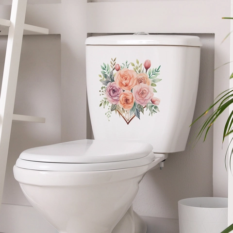 Romantische Aquarel Roos Bloem Toiletsticker Hartvormig Bloemenontwerp Voor Badkamer Decoratie PVC Waterdichte Muursticker